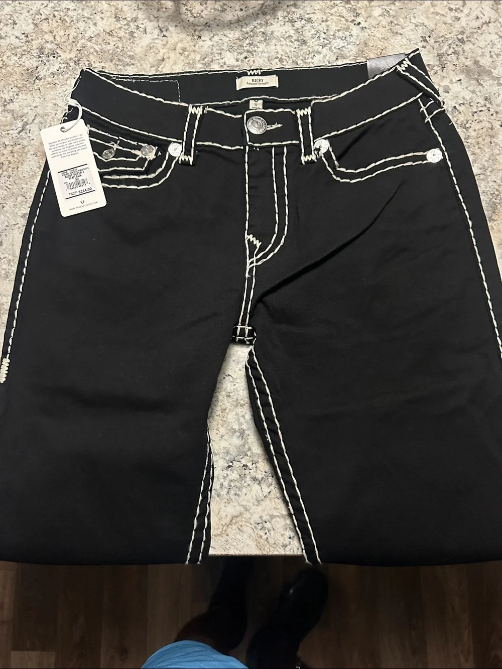 True Religion Men Black Jeans with White Contrast Stitching